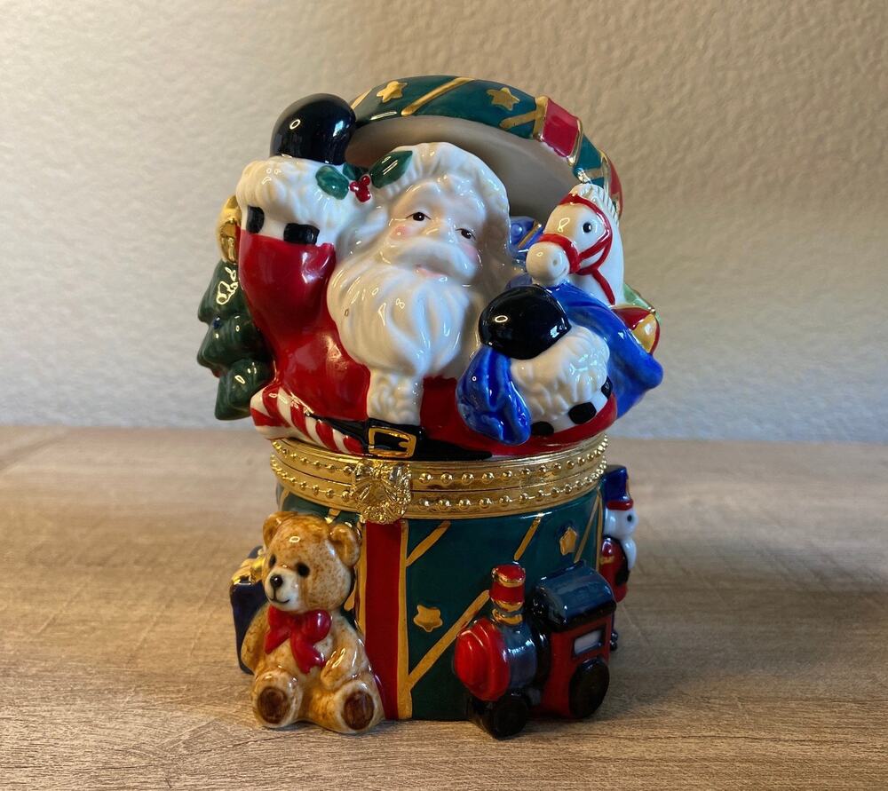 Ceramic Christmas Trinket or Jewelry Box Santa Claus With Presents